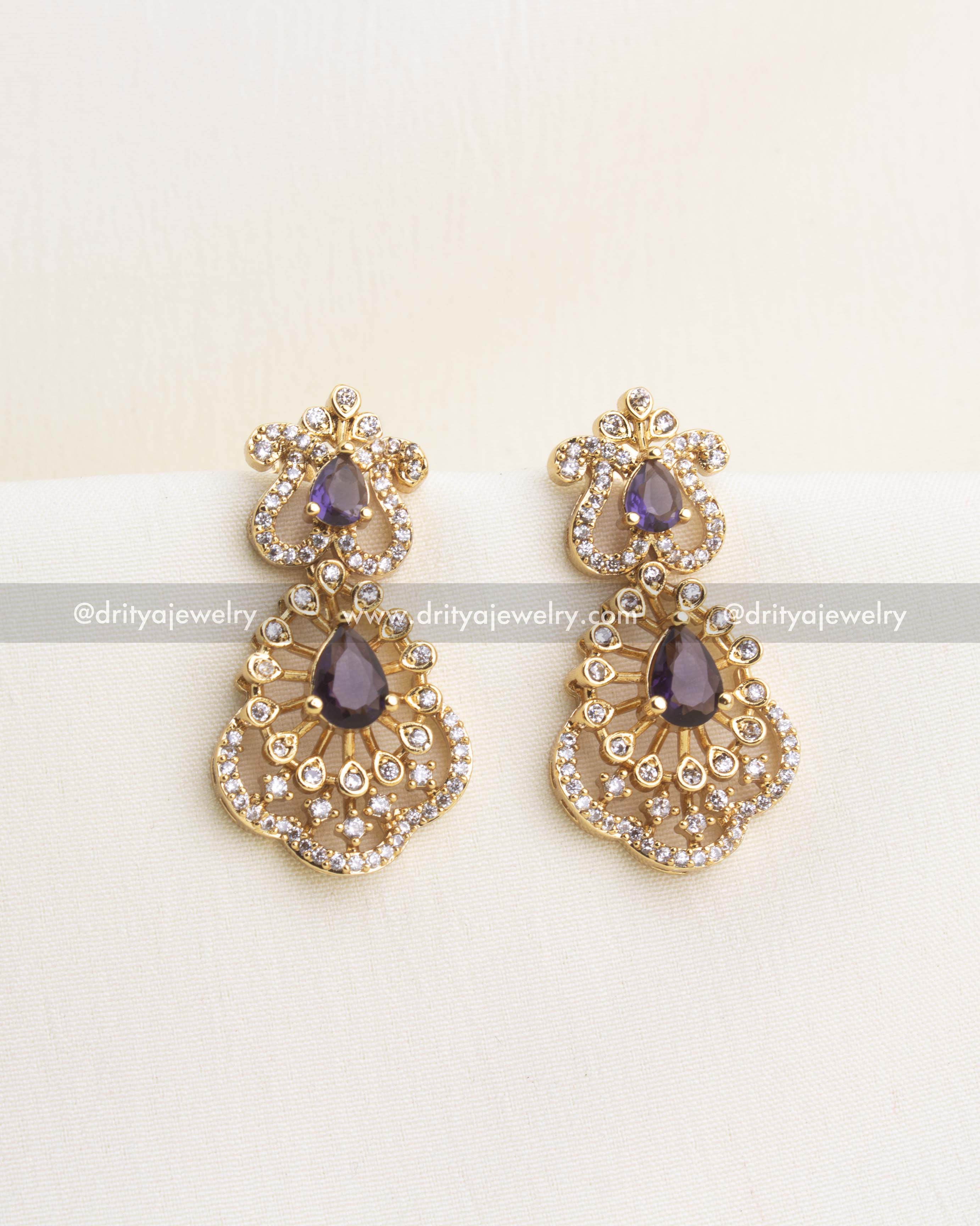 Premium Gold CZ Short Necklace Set with Purple Pear Stones