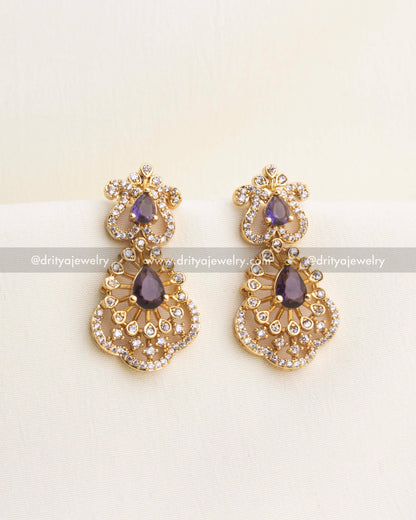 Premium Gold CZ Short Necklace Set with Purple Pear Stones