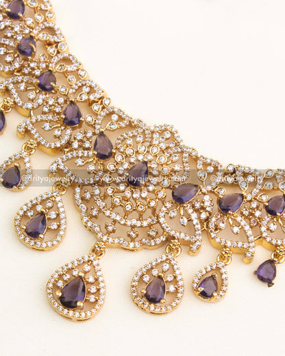 Premium Gold CZ Short Necklace Set with Purple Pear Stones