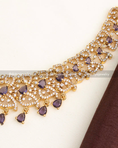Premium Gold CZ Short Necklace Set with Purple Pear Stones