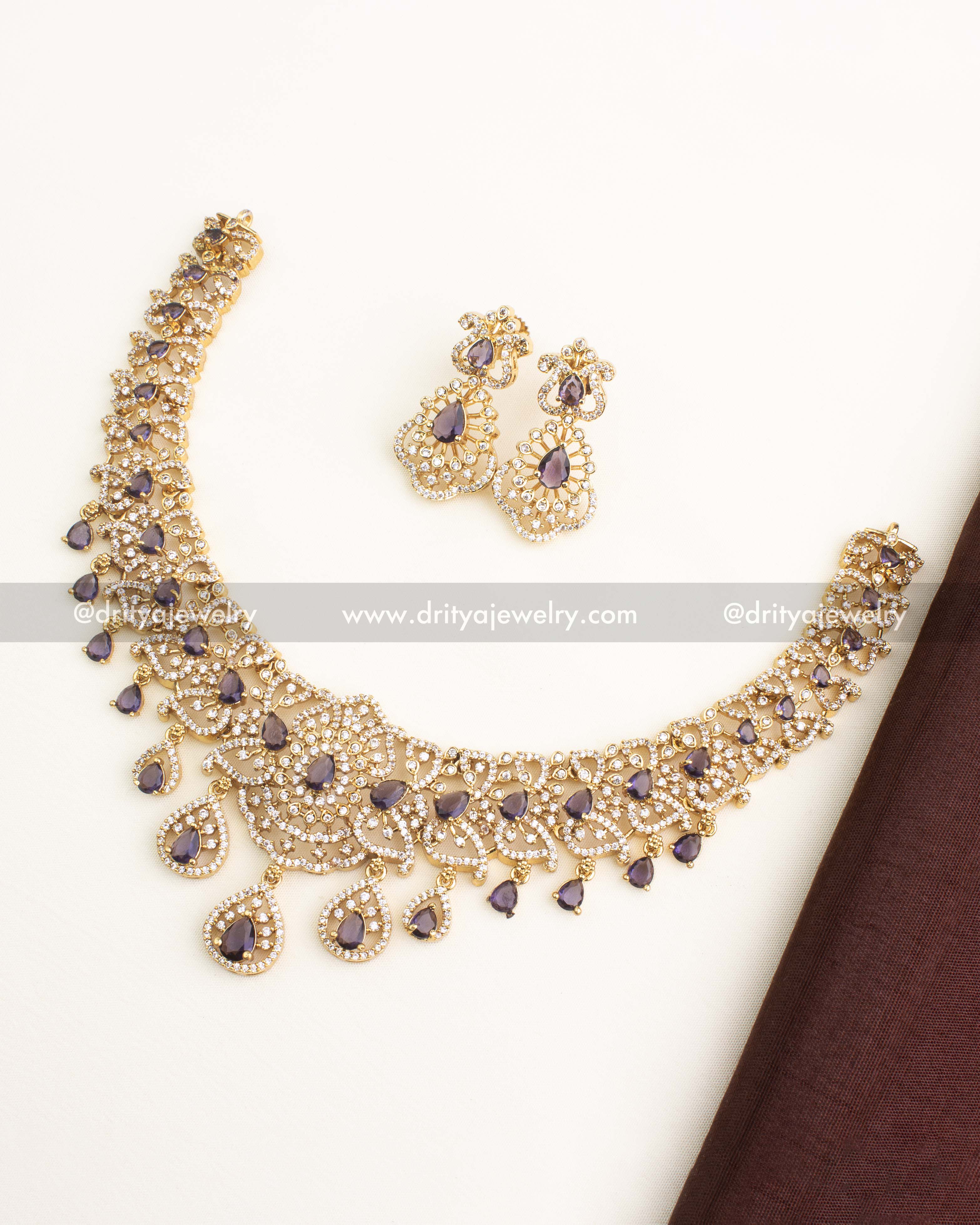 Premium Gold CZ Short Necklace Set with Purple Pear Stones