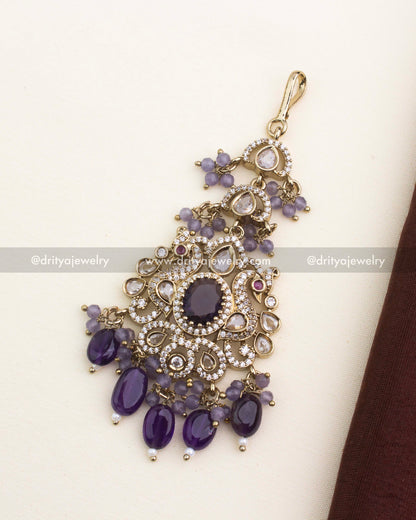 Victorian bridal maang tikka in deep purple with kundan stones and bead droplets