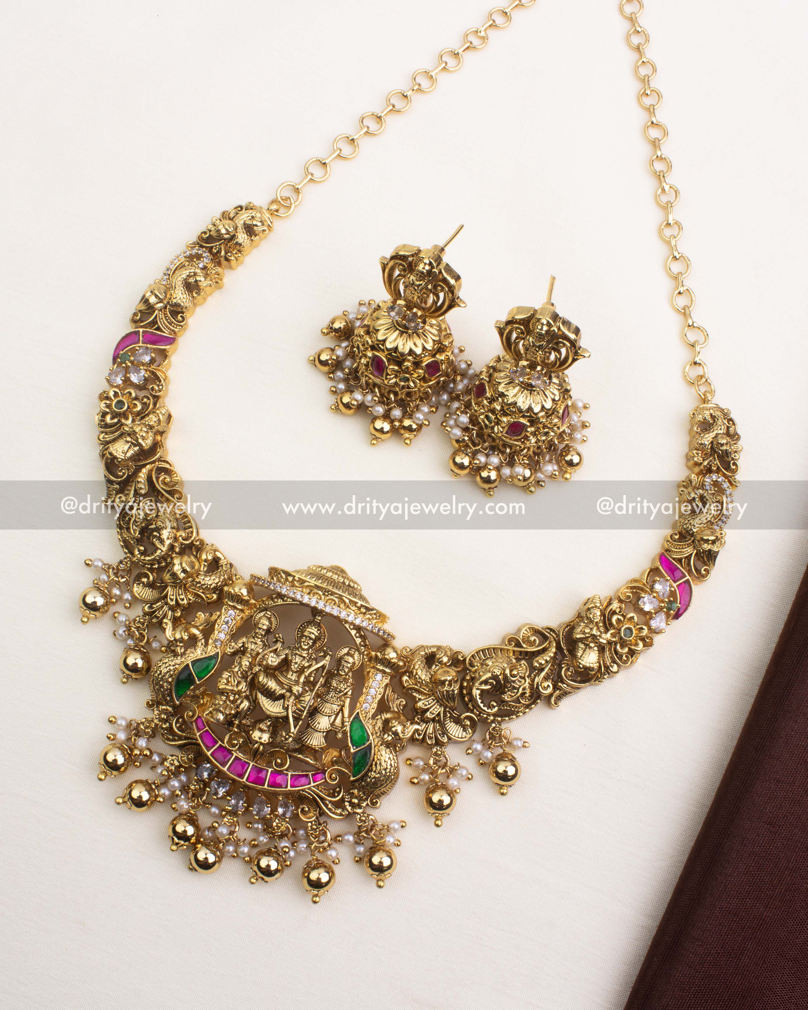 Premium antique short necklace set with Ram Parivar motif, kemp stones, and Nakshi carvings.