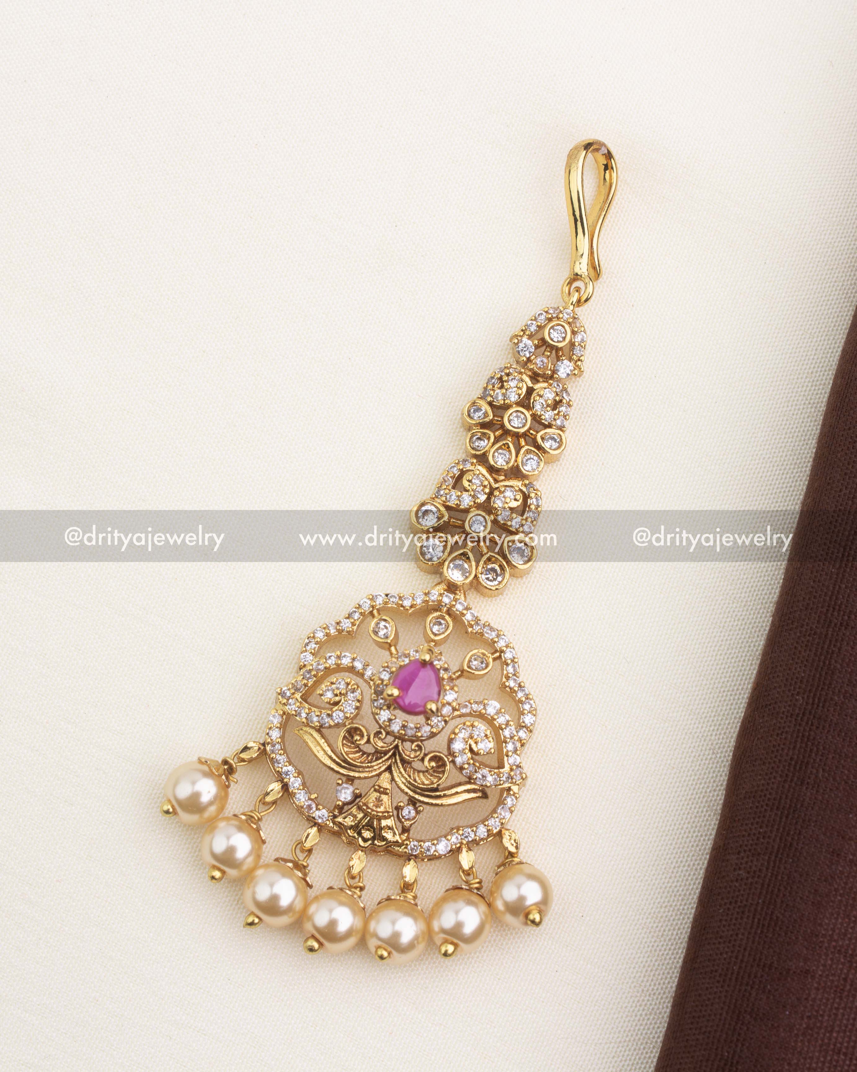 Premium Ruby Pink Gold Replica Maang Tikka
