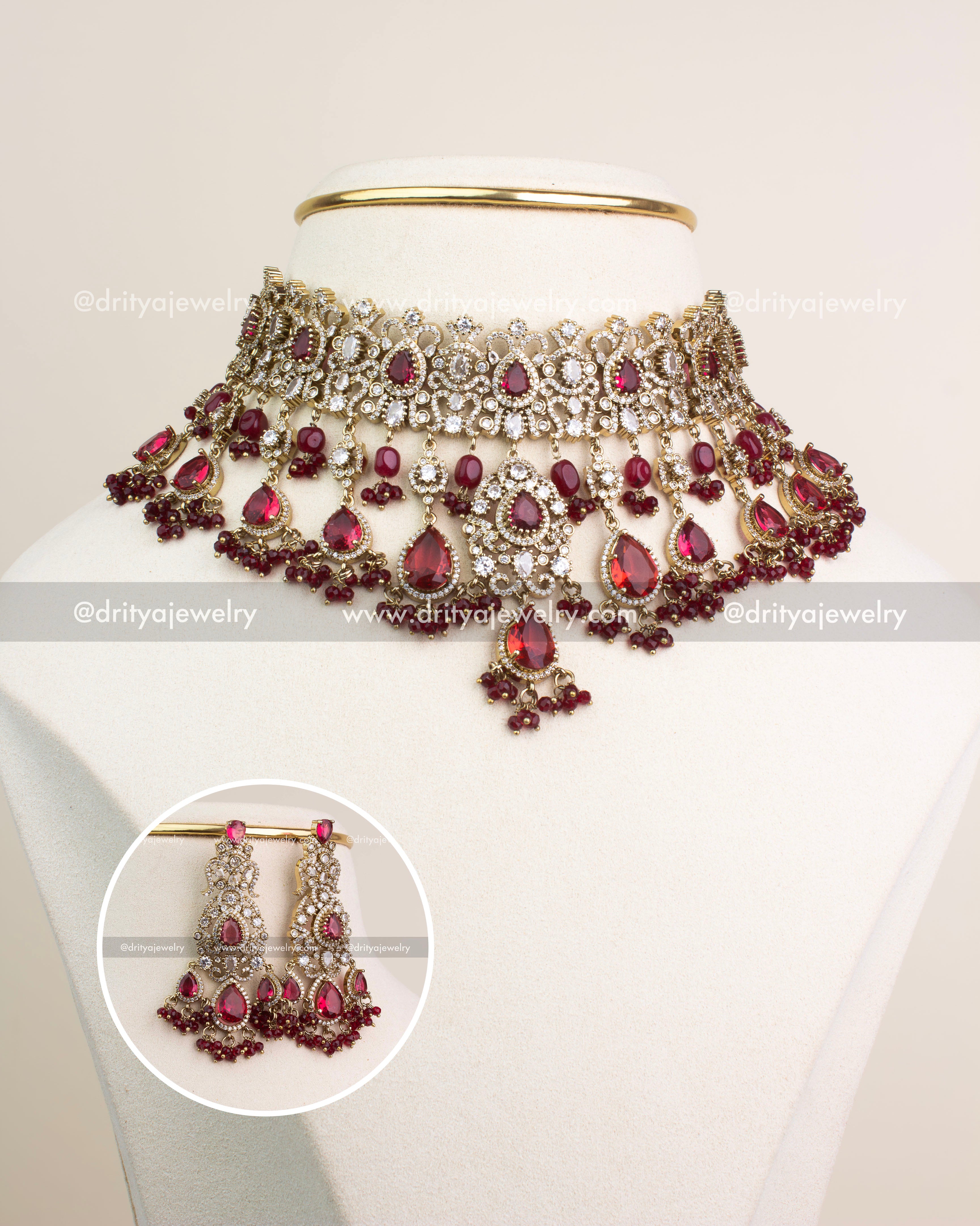 Elegant Ruby Red Victorian choker necklace with statement earrings for bridal wear.
