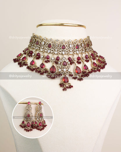 Elegant Ruby Red Victorian choker necklace with statement earrings for bridal wear.