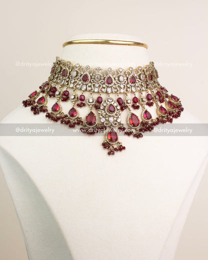 Premium Victorian Bridal Choker Set with Ruby Red stones, intricate white CZ accents, and bead drops.