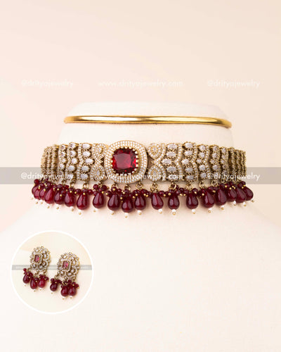 Ruby red Victorian choker with bead drops and matching earrings.