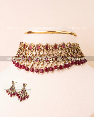 Bold ruby red Victorian choker with bead drops and matching earrings.