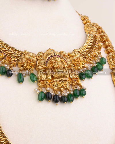 Short Necklace Pendant with Lakshmi Idol and Green Beads