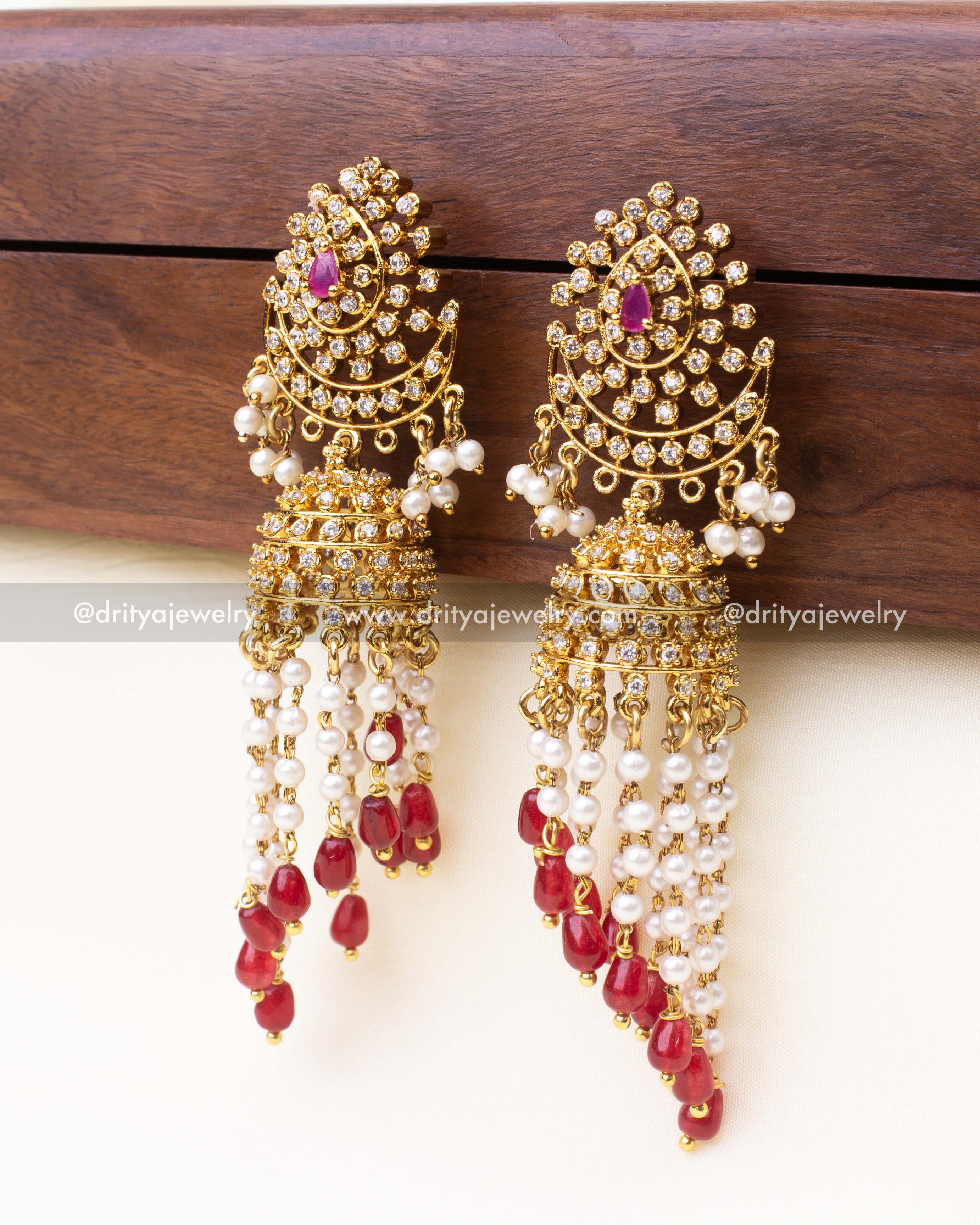 Gold-Plated Jhumkas with Ruby Red and Pearl Danglers