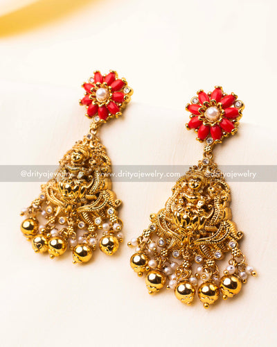 Premium nakshi jhumka earrings with red floral top and hanging pearls