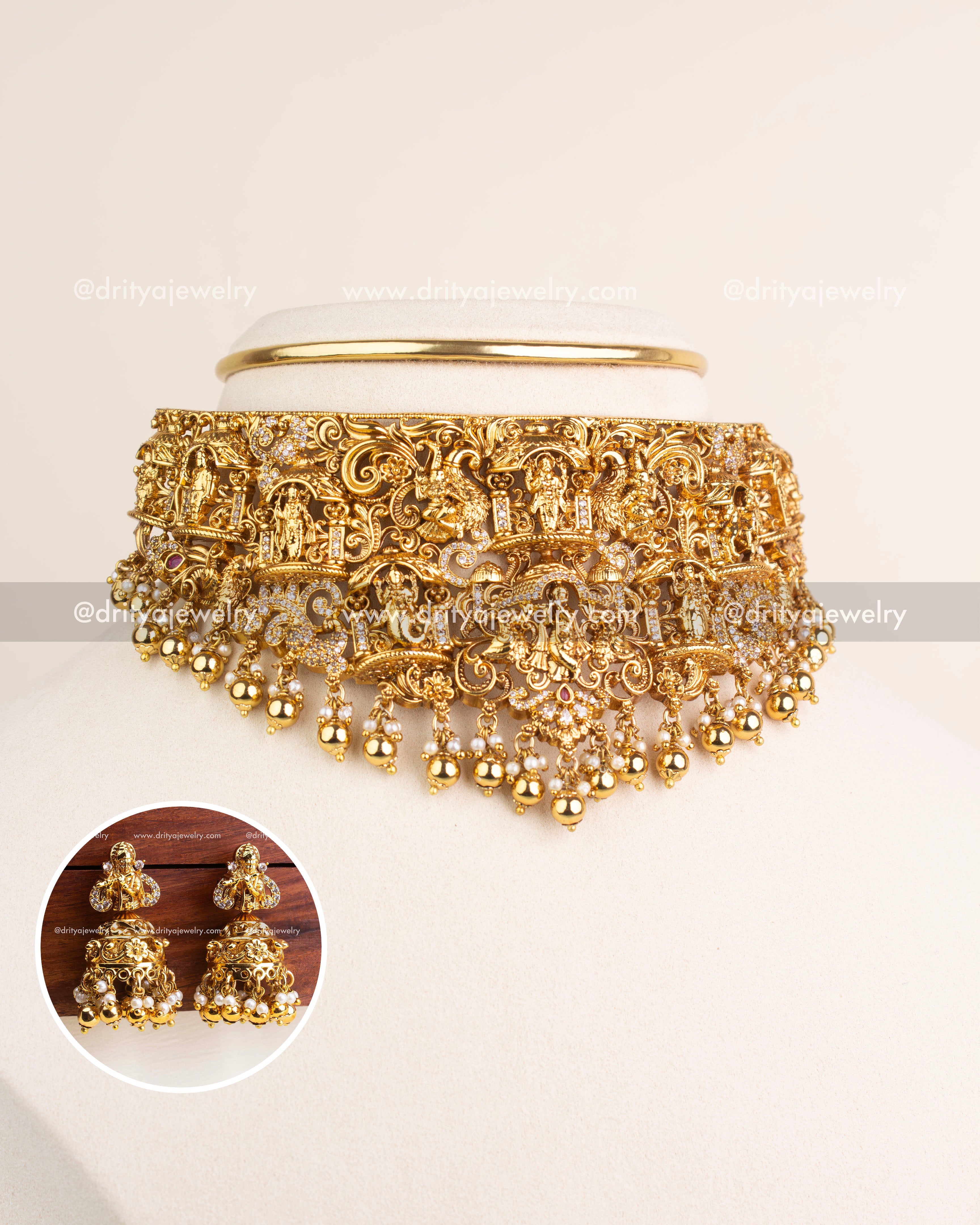 Full set of Nakshi choker necklace with Krishna motif and temple jhumkas.