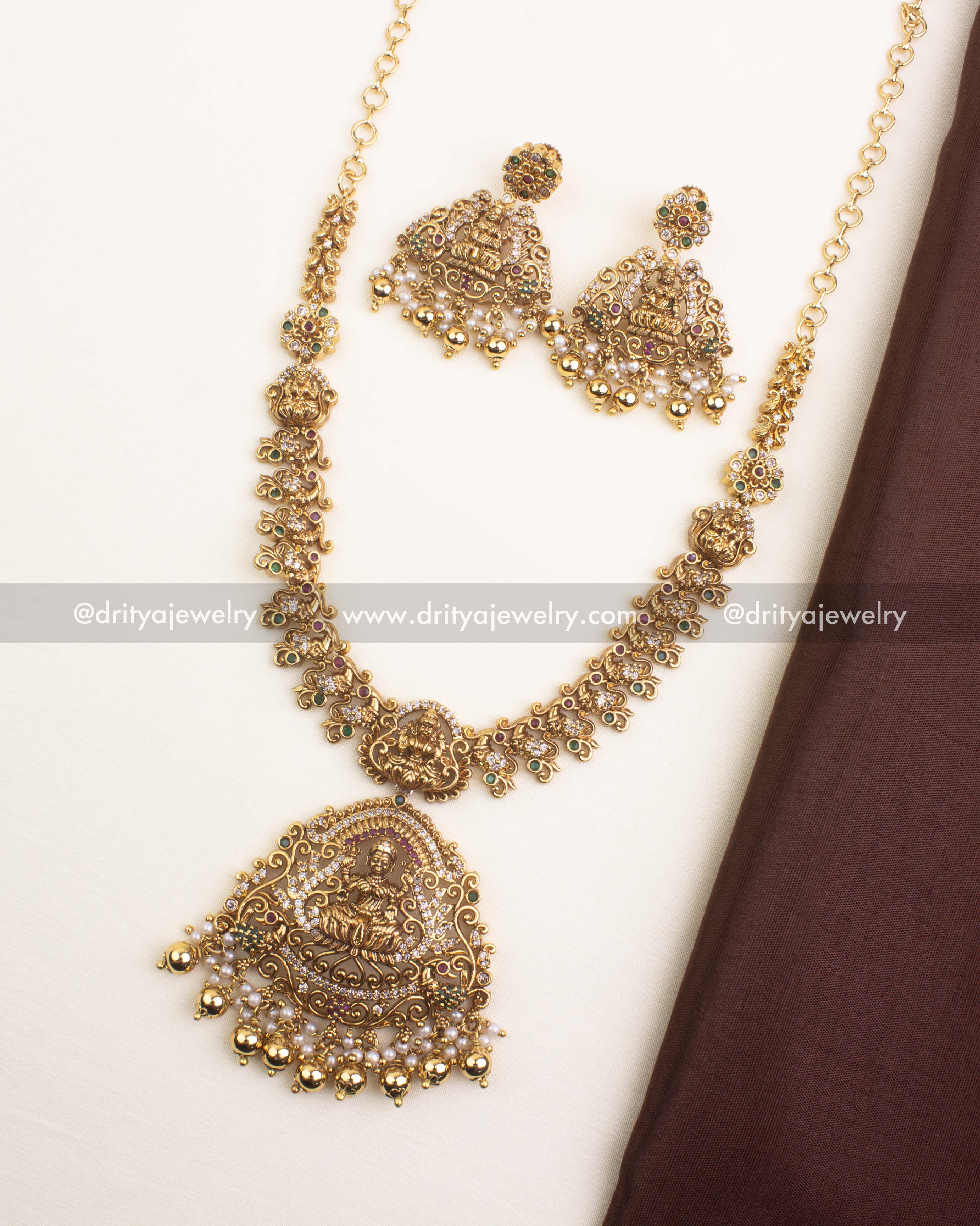 Premium Temple Short Necklace with Antique Gold Polish and matching earrings