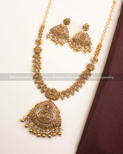 Premium Temple Short Necklace with Antique Gold Polish and matching earrings