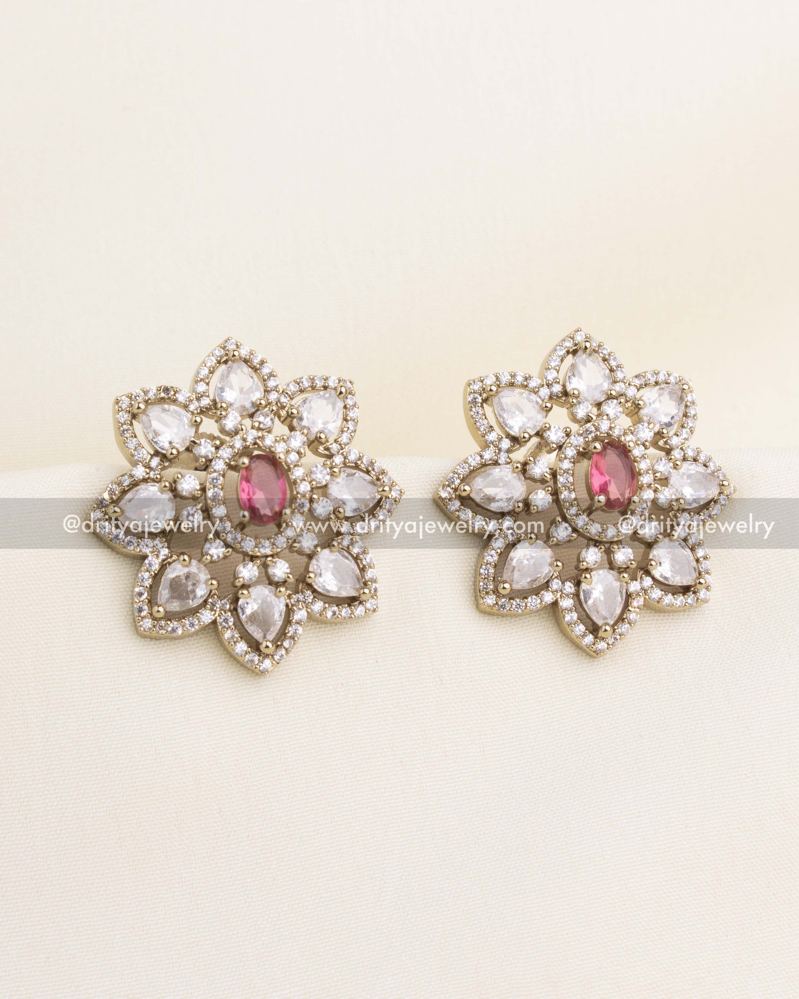 Premium Victorian floral stud earrings with pear-shaped CZ stones and ruby center stone