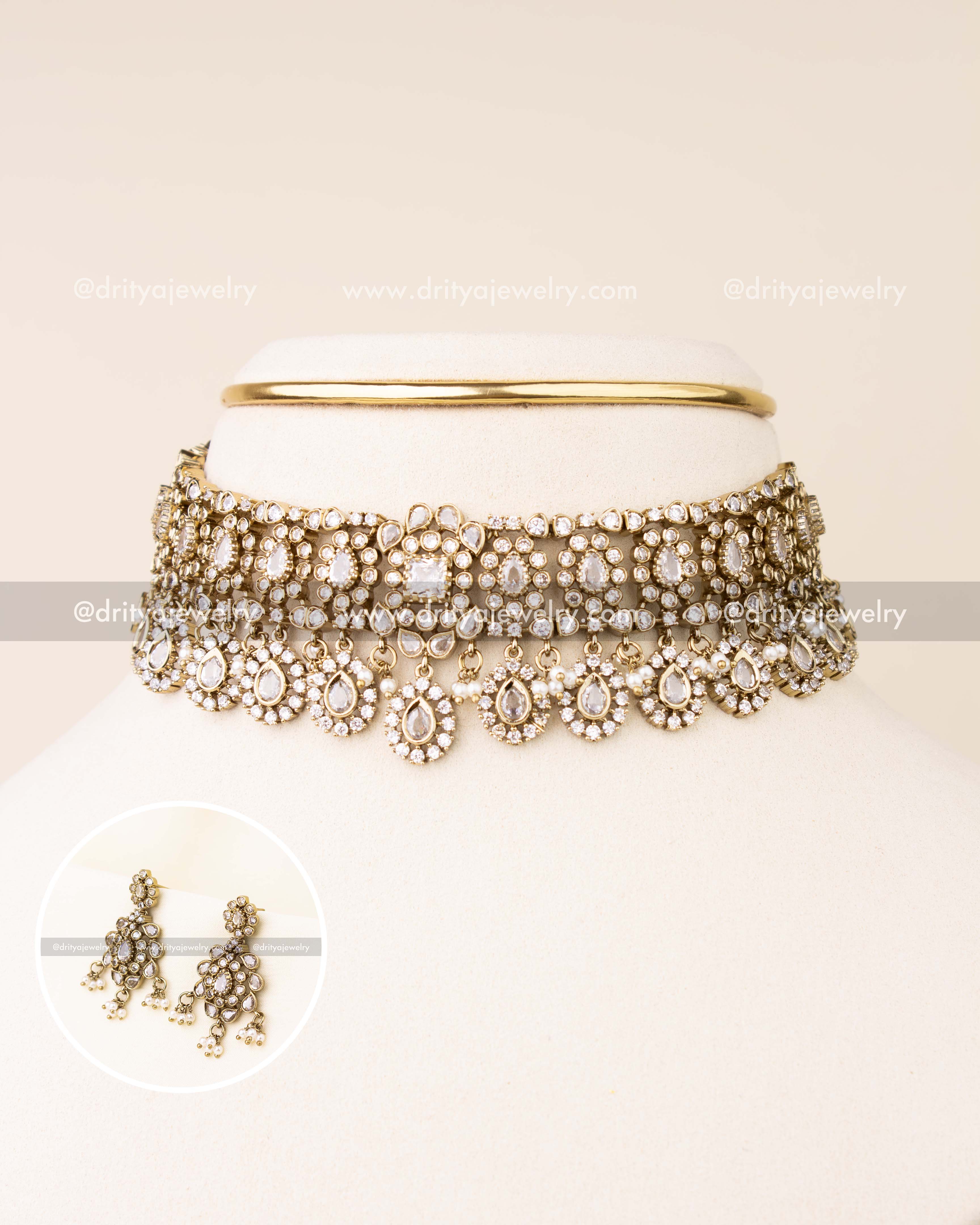 Elegant Victorian choker necklace featuring CZ stones and teardrop pearl drops with antique finish.