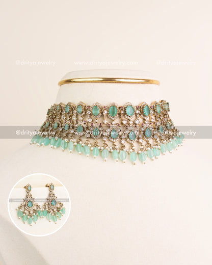 Premium Victorian choker necklace with mint green stones, CZ detailing, and bead drops.