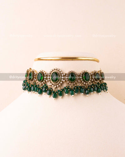 Emerald green Victorian choker with diamond accents and matching earrings