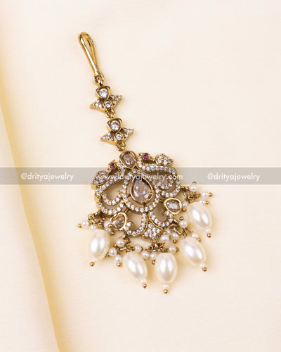 Victorian Maang Tikka with Diamond White Stones and Pearls