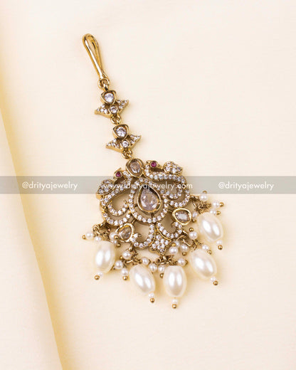 Victorian Maang Tikka with Diamond White Stones and Pearls