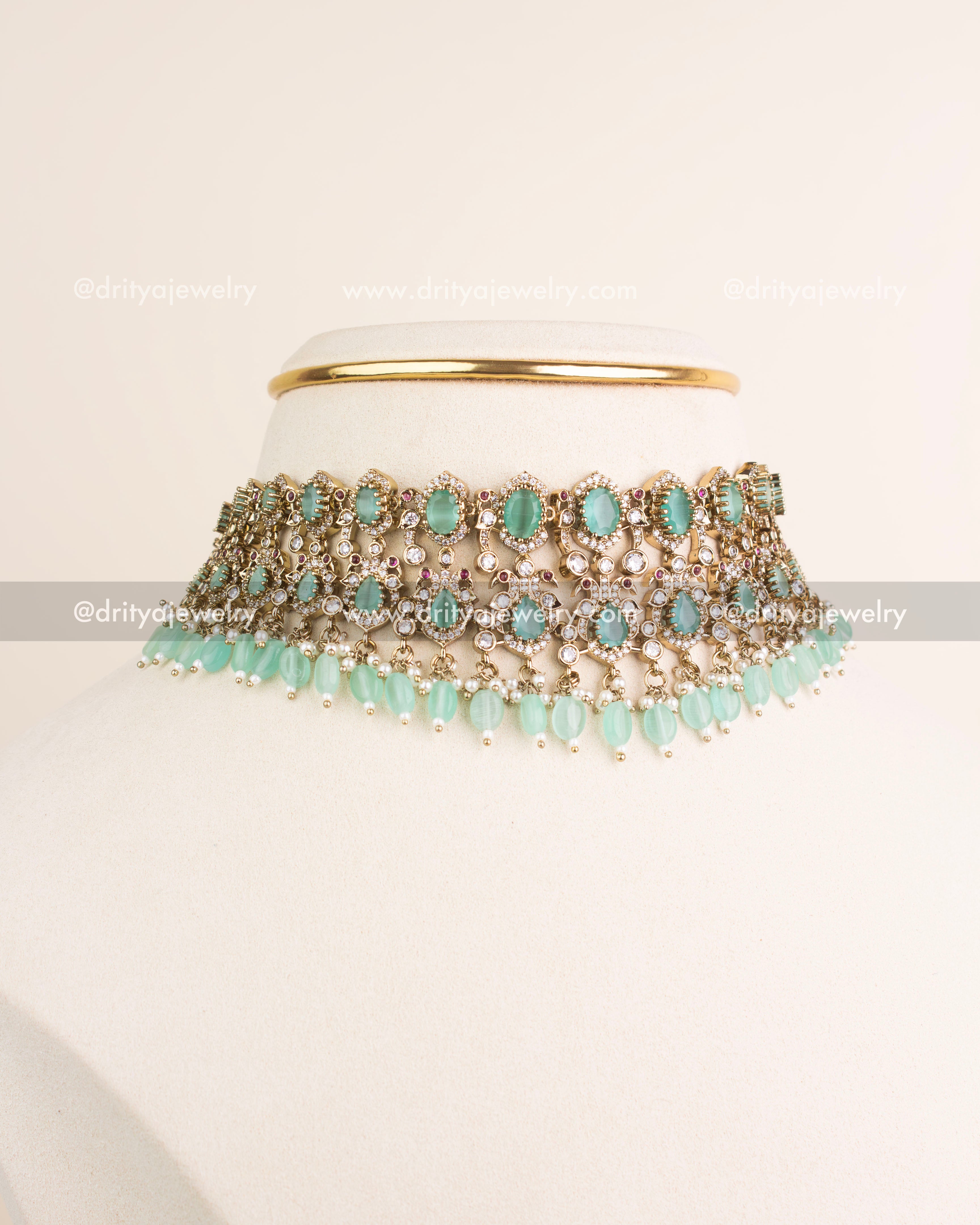 Full set view of Victorian mint green choker necklace paired with earrings.