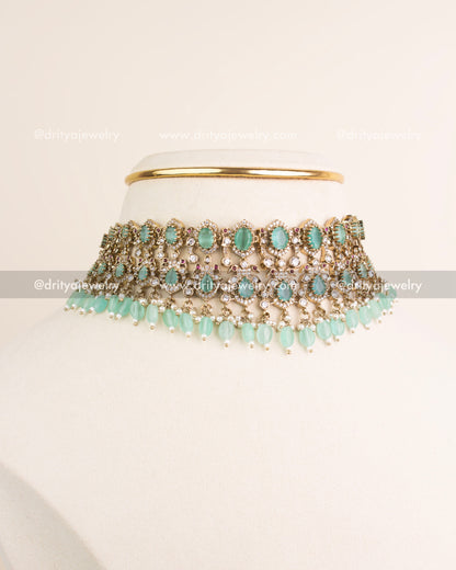 Full set view of Victorian mint green choker necklace paired with earrings.