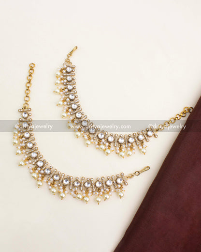 Premium Victorian-finish Polki Kundan ear chains with pearl drops and CZ details from Dritya Jewelry.