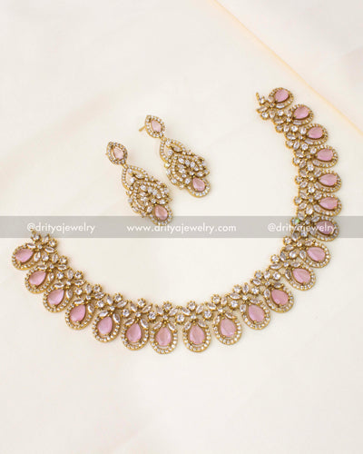 Victorian short necklace set featuring blush pink teardrop stones and sparkling CZ accents.