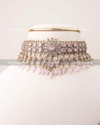Premium Victorian choker set in blush pink stones with pearl drops and Victorian gold finish