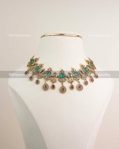 Premium Victorian choker with Russian emerald stones, pearls, and CZ detailing inspired by celebrity Sneha.