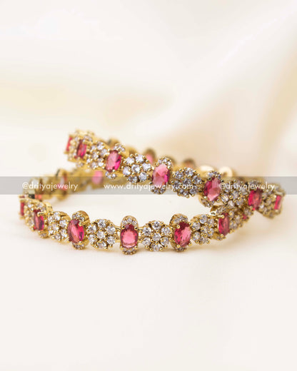 Premium Victorian polish bangles with ruby red oval stones and CZ diamond accents