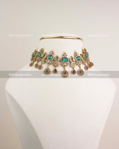 Premium Victorian choker with Russian emerald stones, pearls, and CZ detailing inspired by celebrity Sneha.