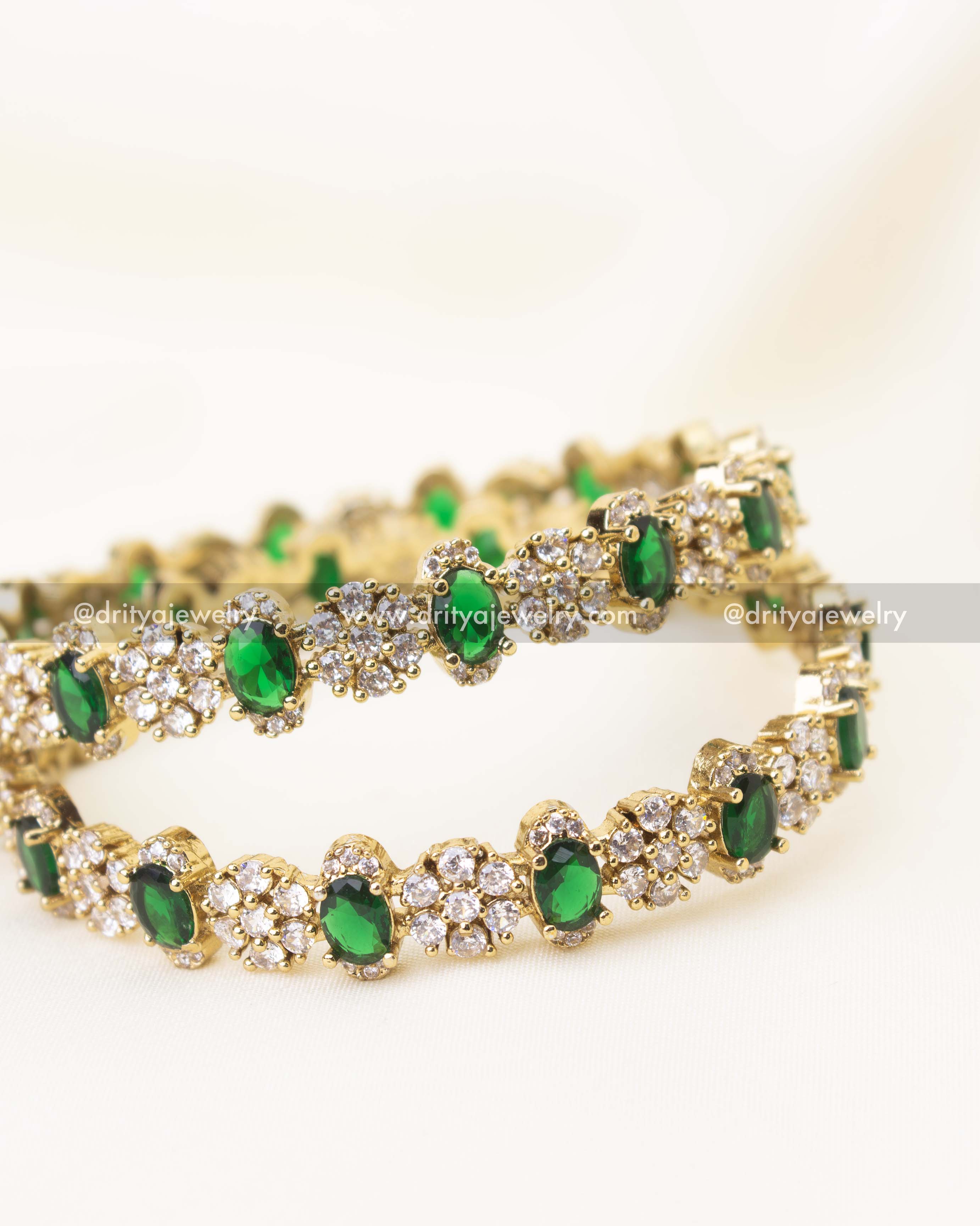 Premium Victorian polish bangles with emerald green oval stones and CZ diamond detailing