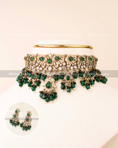 Premium Victorian Green Stone Choker Set with Earrings on display bust