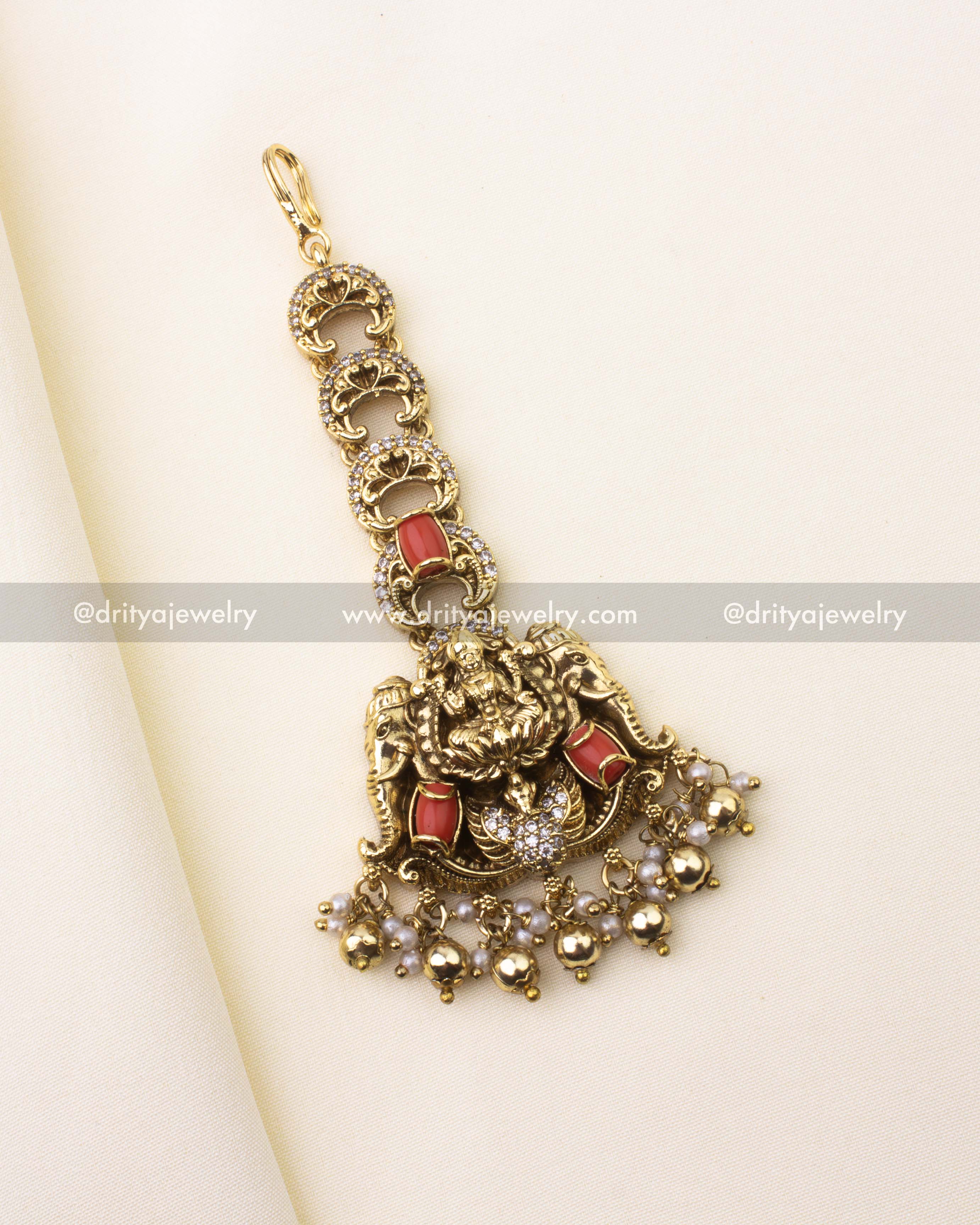 Premium Nakshi Maang Tikka with Coral Stones and Golden Ball Drops