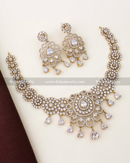 Premium diamond-alike Victorian short necklace set with CZ stones and matching earrings