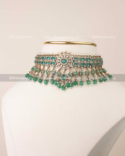 Victorian choker necklace set with Russian emerald stones, pearl detailing, and emerald bead drops