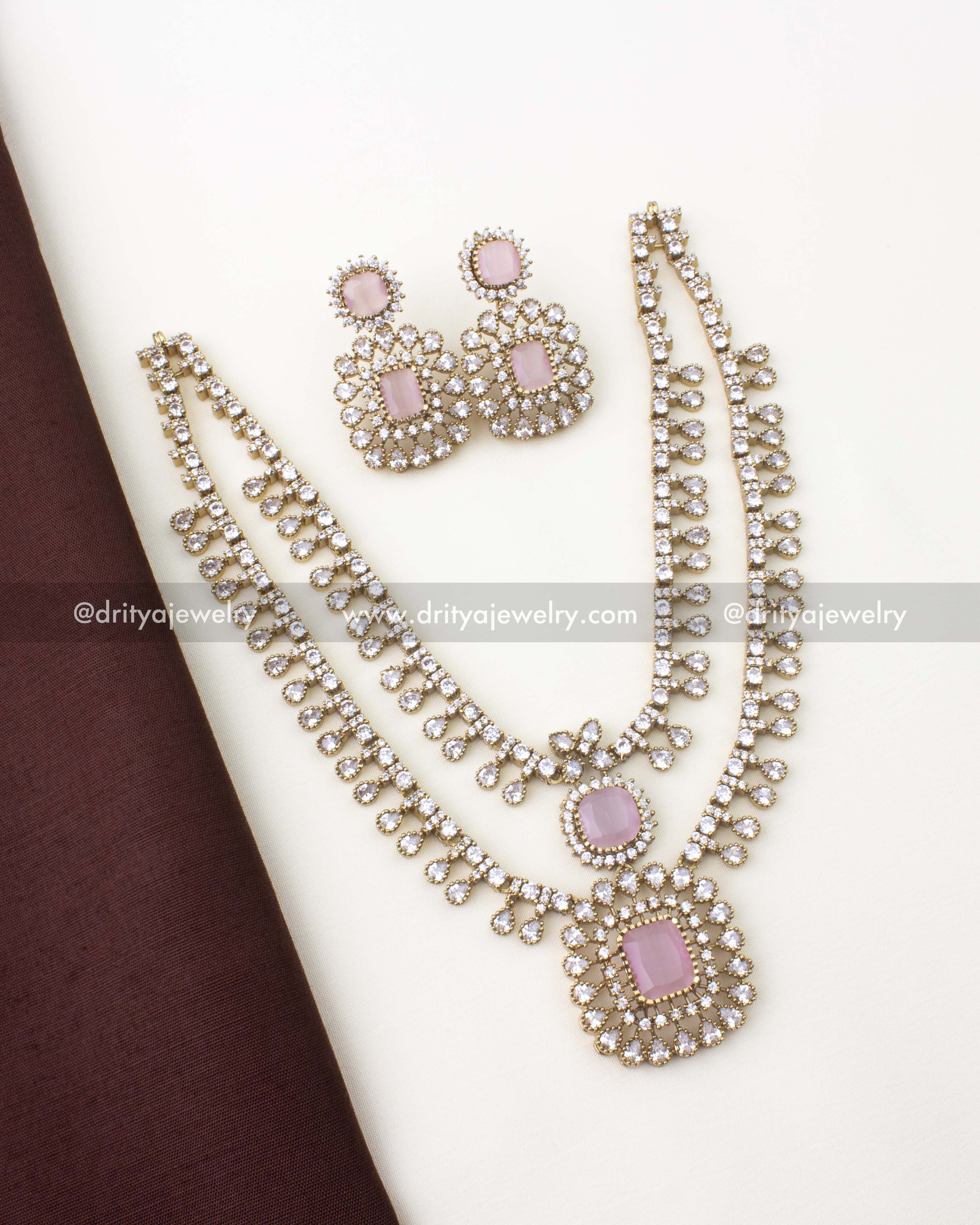 Premium Victorian short necklace set with blush pink stones and matching earrings