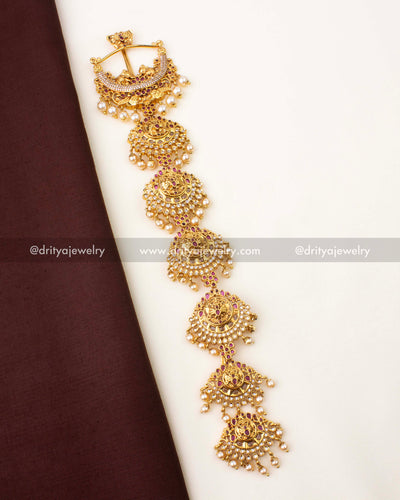 Premium long ruby red jada billa with antique gold finish, ruby stones, CZ detailing, and pearl drops