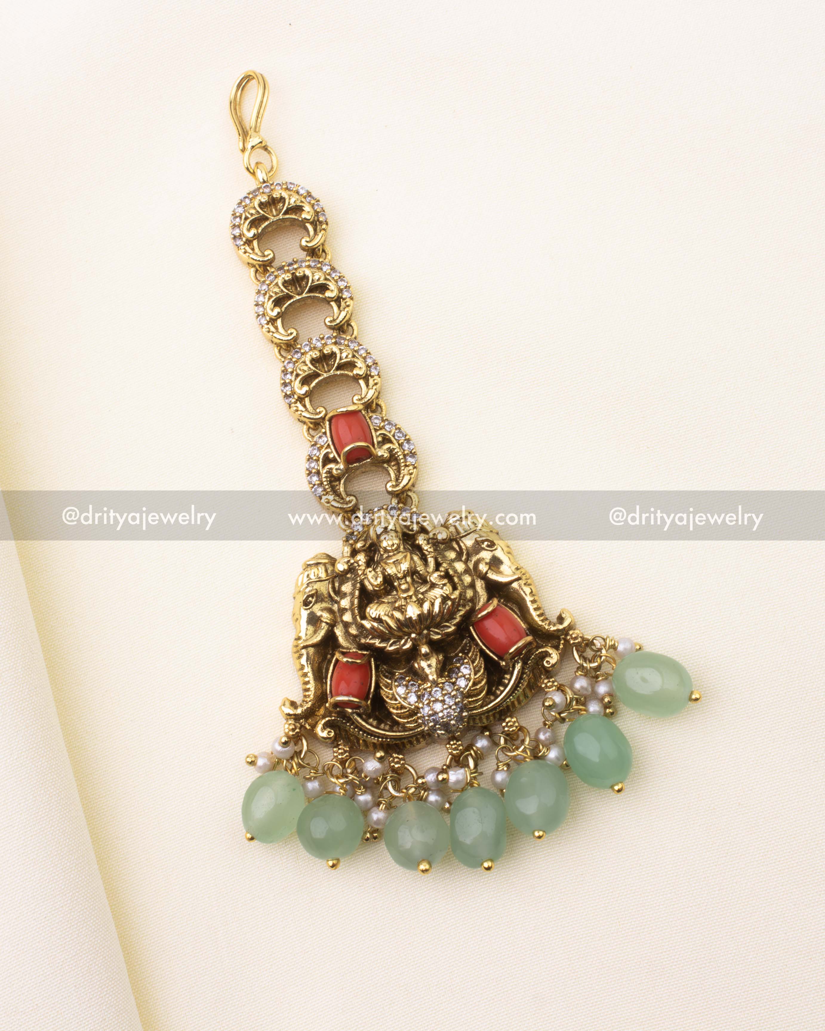 Premium Nakshi Maang Tikka with Coral and Mint Green Beads