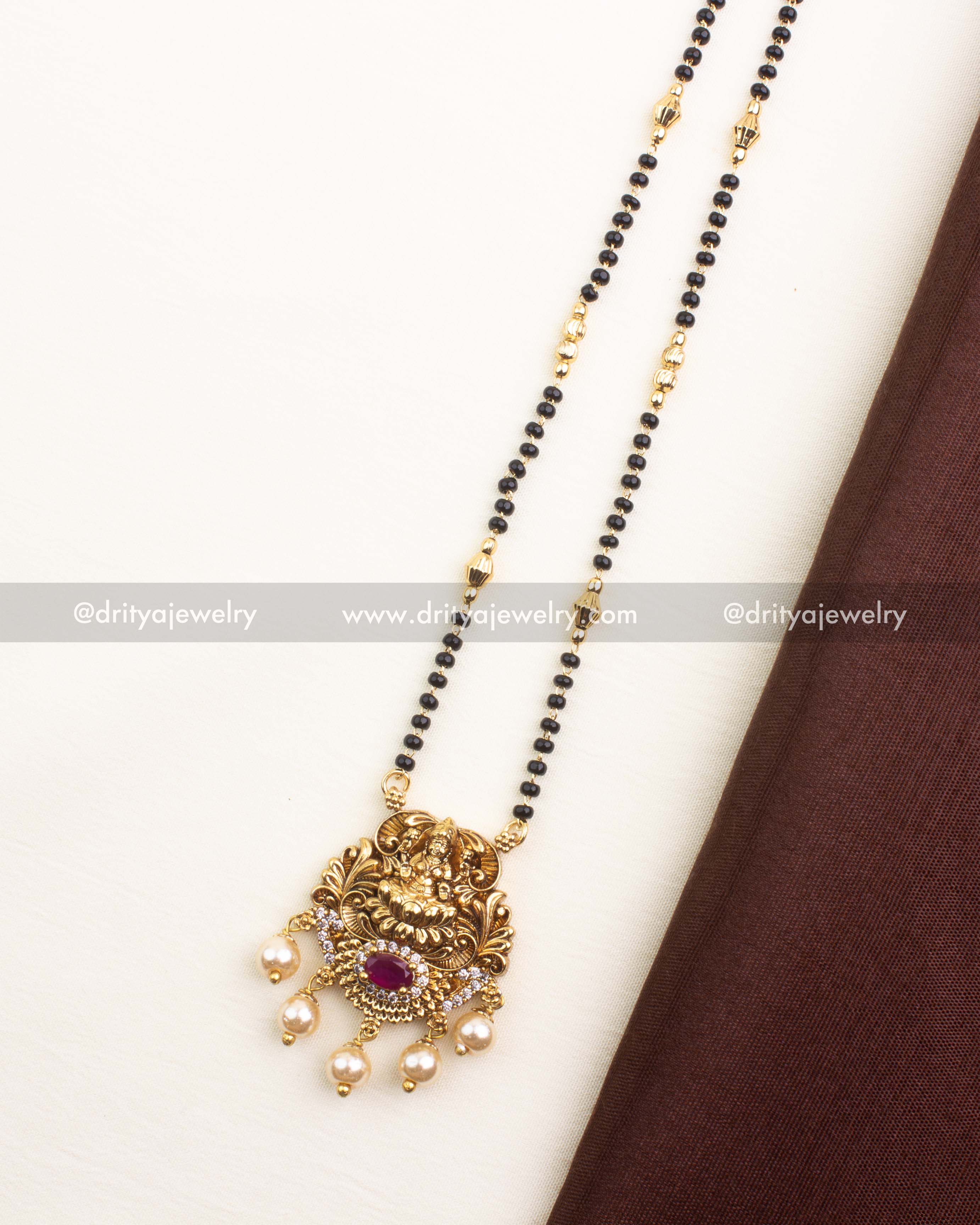 Premium Nakshi Temple Black Beads Necklace with Ruby Red Stone Pendant