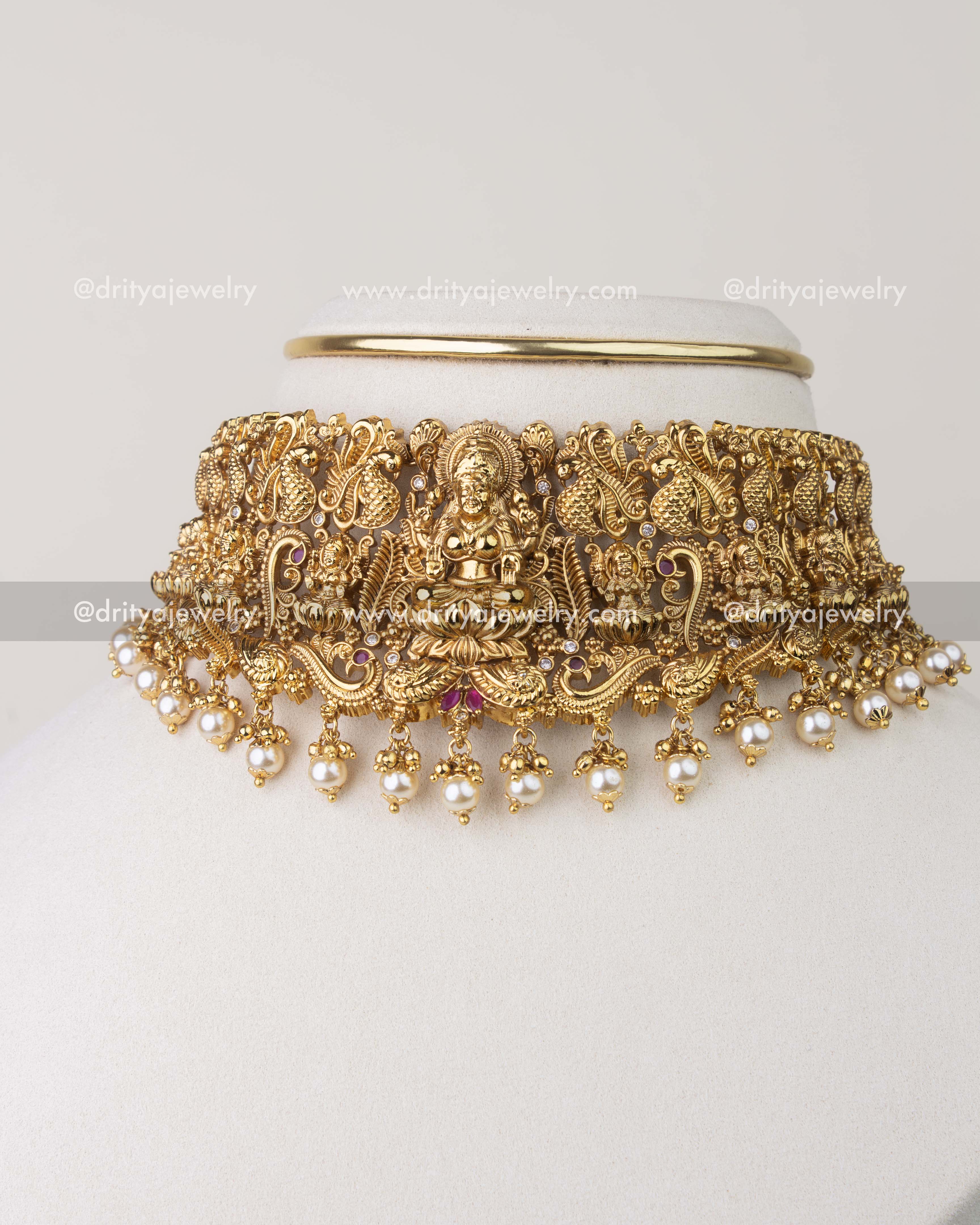 Nakshi temple choker set with Goddess Lakshmi motif and antique gold finish