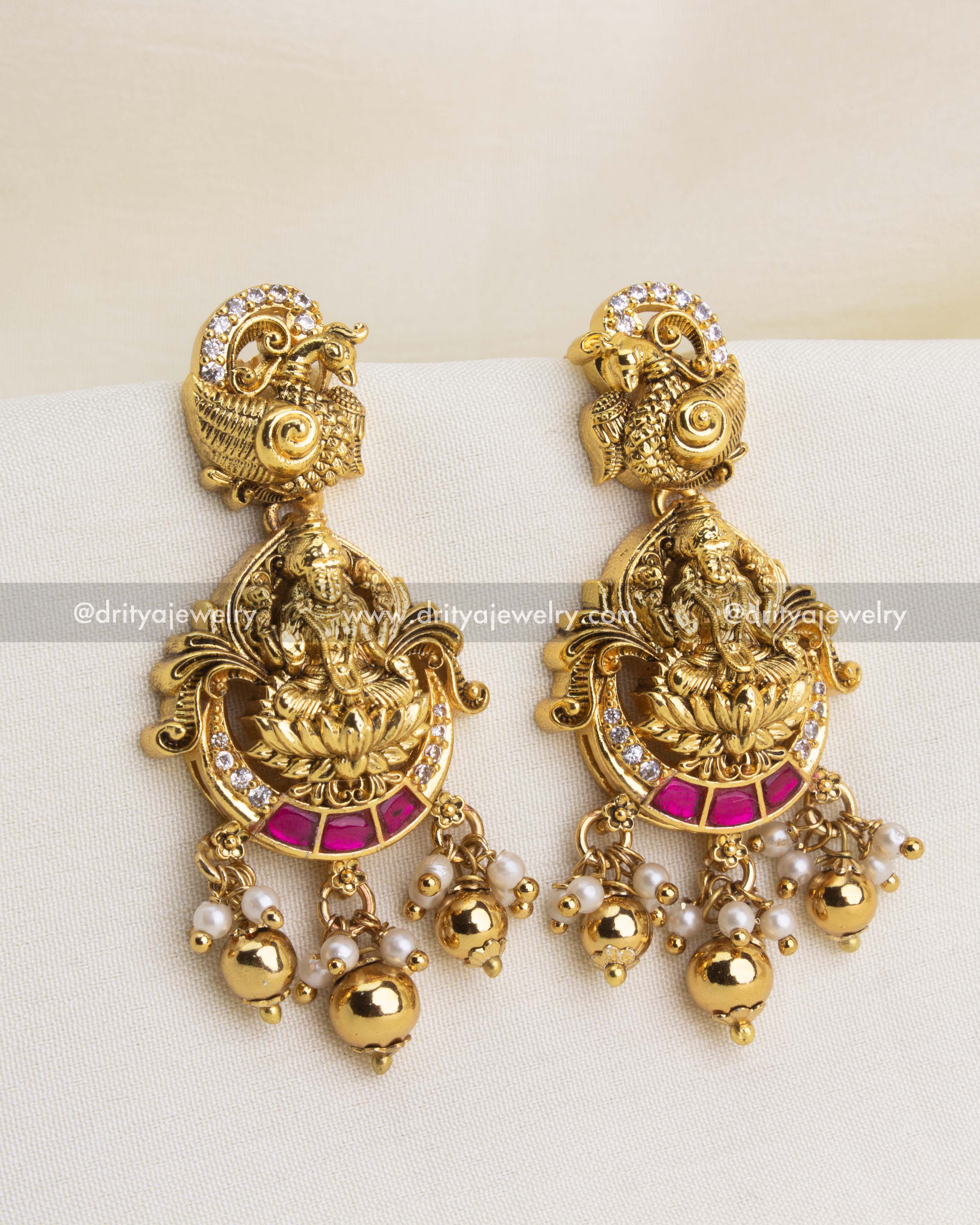 Premium Nakshi Temple Danglers full view with ruby red detailing