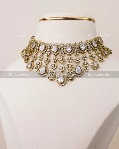 Diamond-alike Victorian princess length necklace set with CZ stones