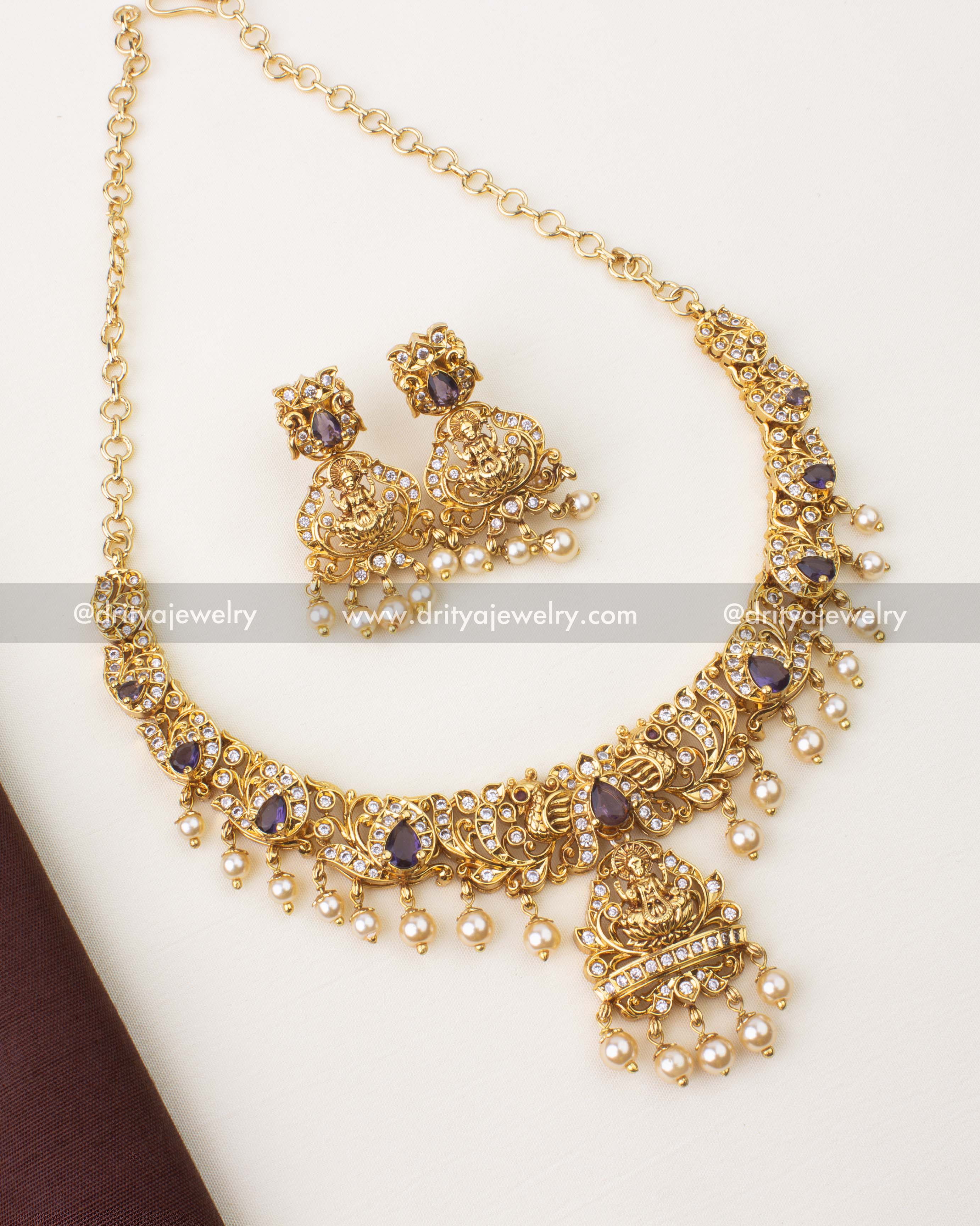 Premium Nakshi temple short necklace with purple stones, Lakshmi motif and pearl drops