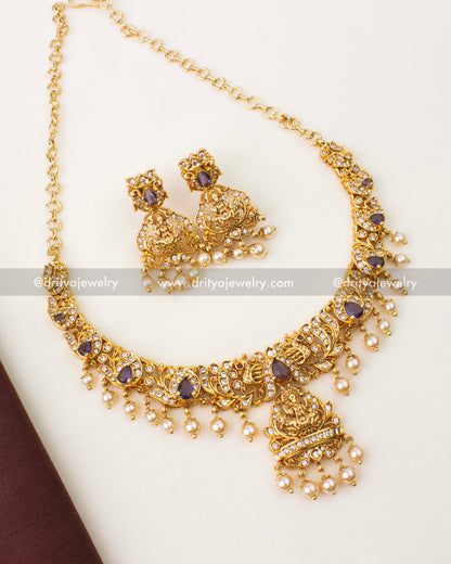 Premium Nakshi temple short necklace with purple stones, Lakshmi motif and pearl drops