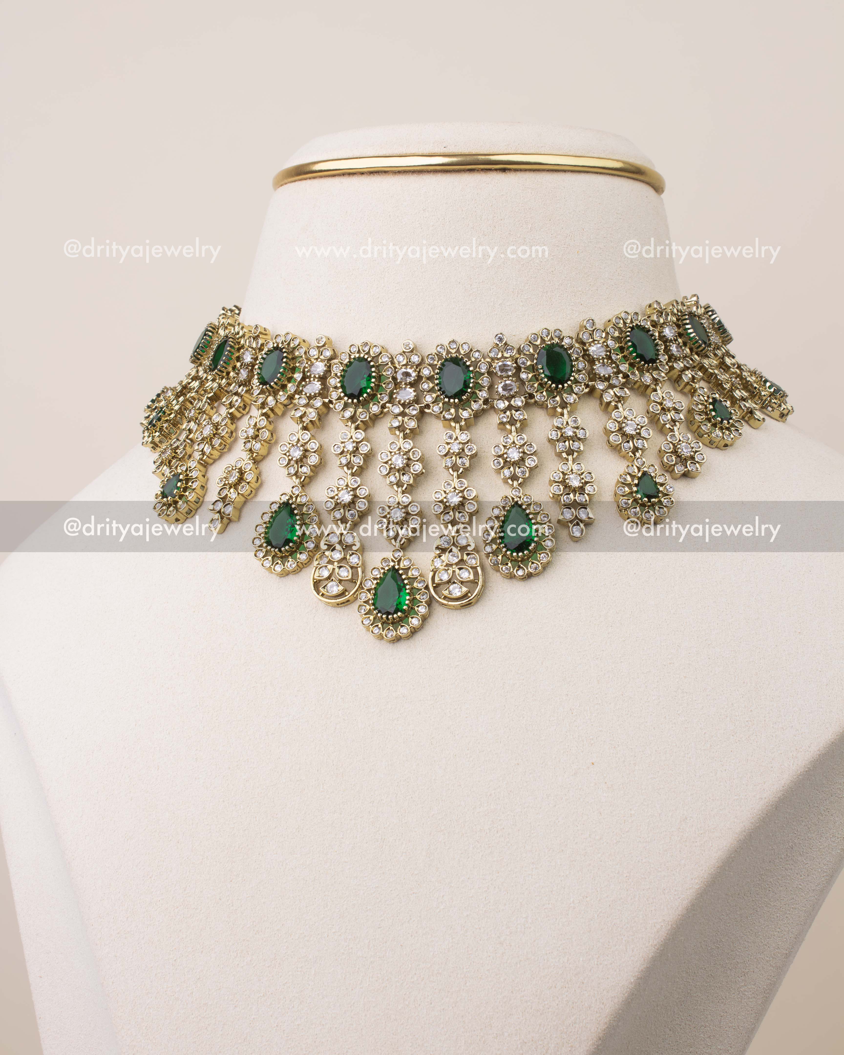 Premium princess length Victorian necklace set with emerald green stones and CZ detailing