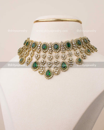 Premium princess length Victorian necklace set with emerald green stones and CZ detailing
