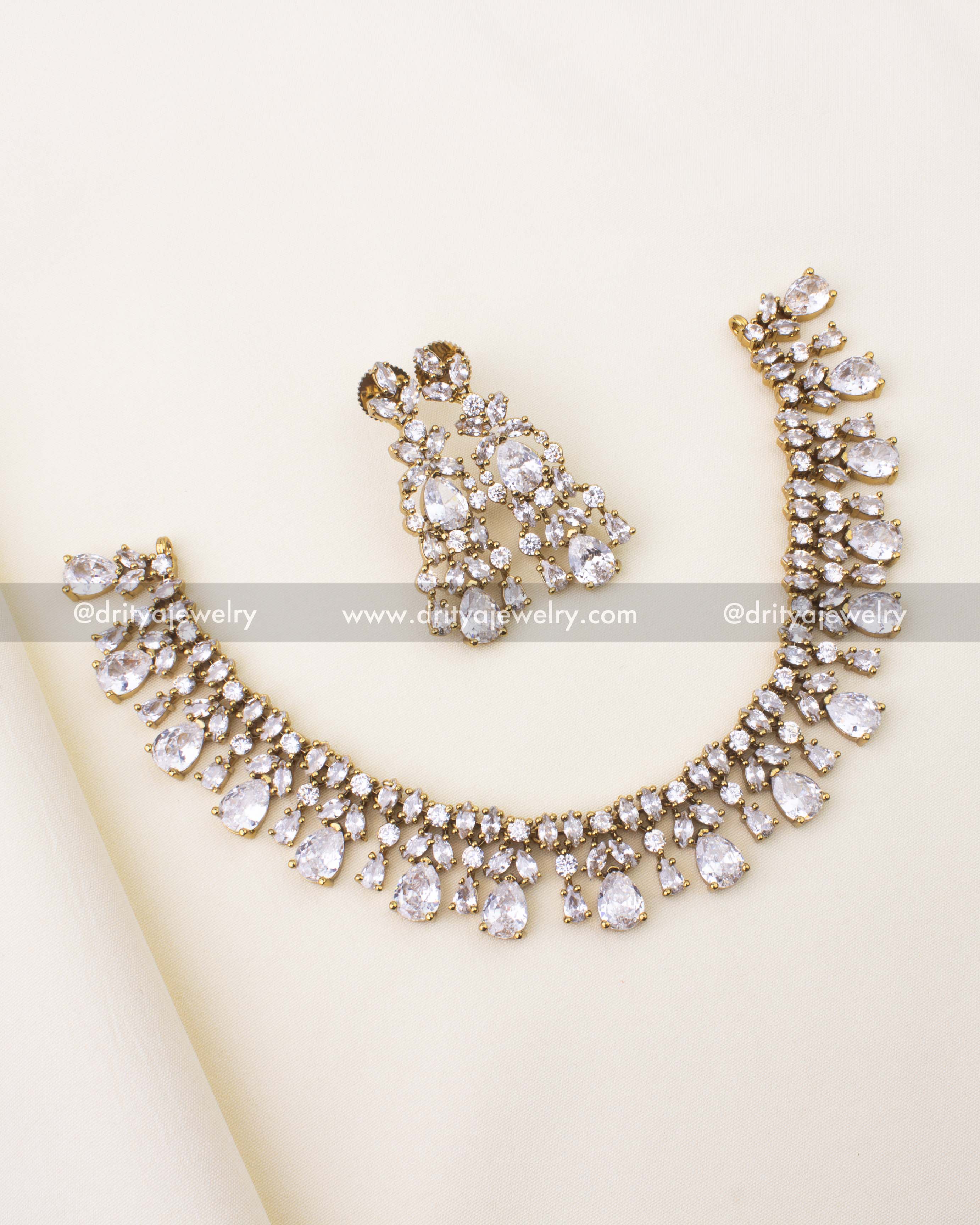 Premium Victorian Diamond Look-Alike Short Necklace with Earrings Set